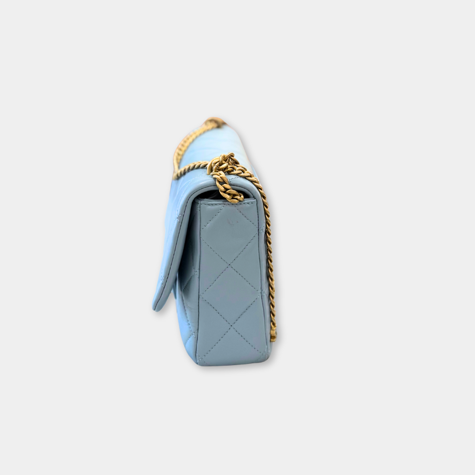 Microchipped 22P Baby Blue Medium Lambskin Enamel and Gold Tone Shoulder Bag Kelly's Authentic Boutique