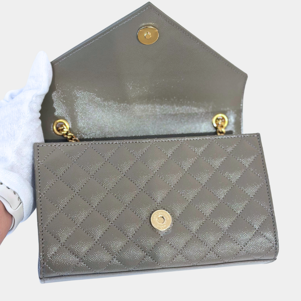 Saint Laurent Small Quilted Grain Grey Envelope Shoulder Bag with GHW Kelly's Authentic Boutique