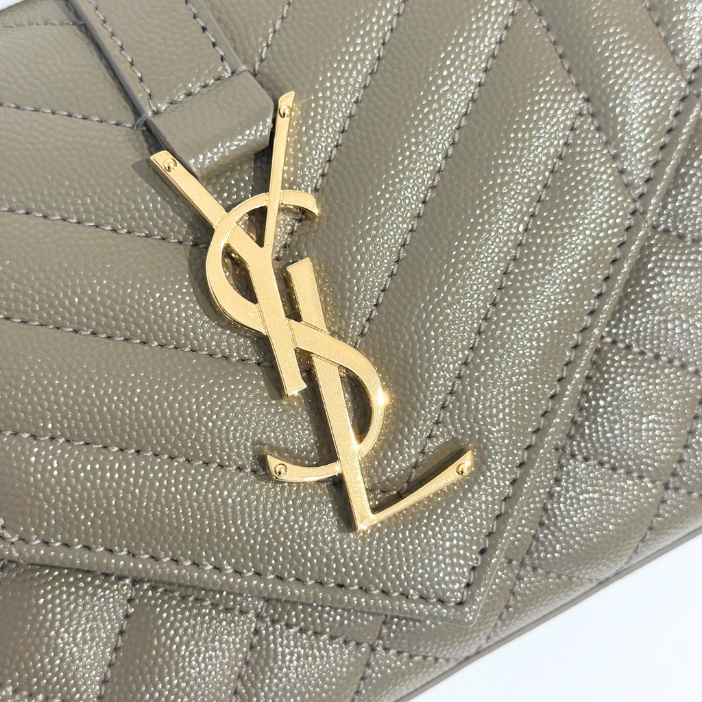Saint Laurent Small Quilted Grain Grey Envelope Shoulder Bag with GHW Kelly's Authentic Boutique