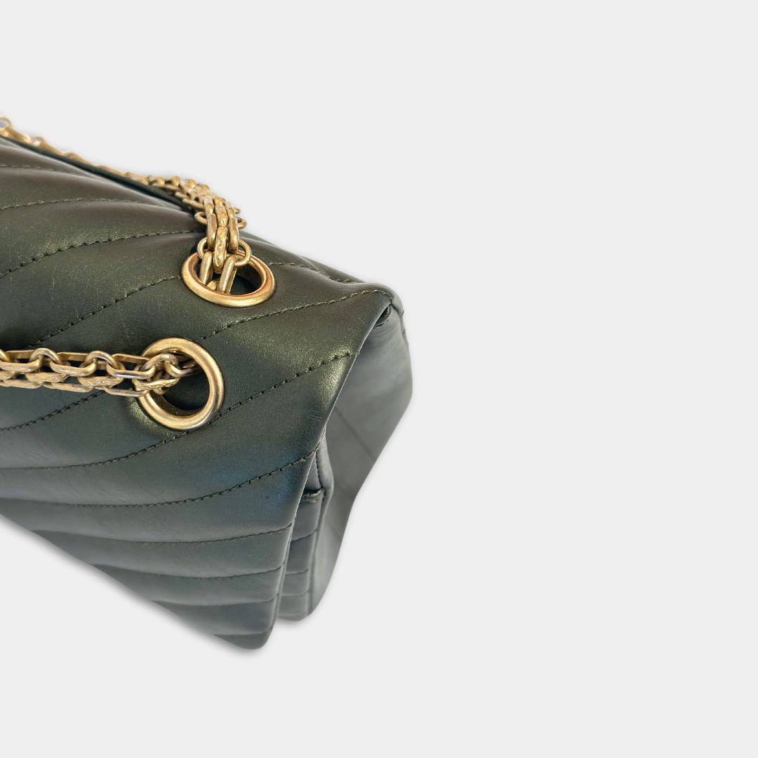 Chanel Metallic Green Chevron Quilted Calfskin Reissue Classic Flap Kelly's Authentic Boutique