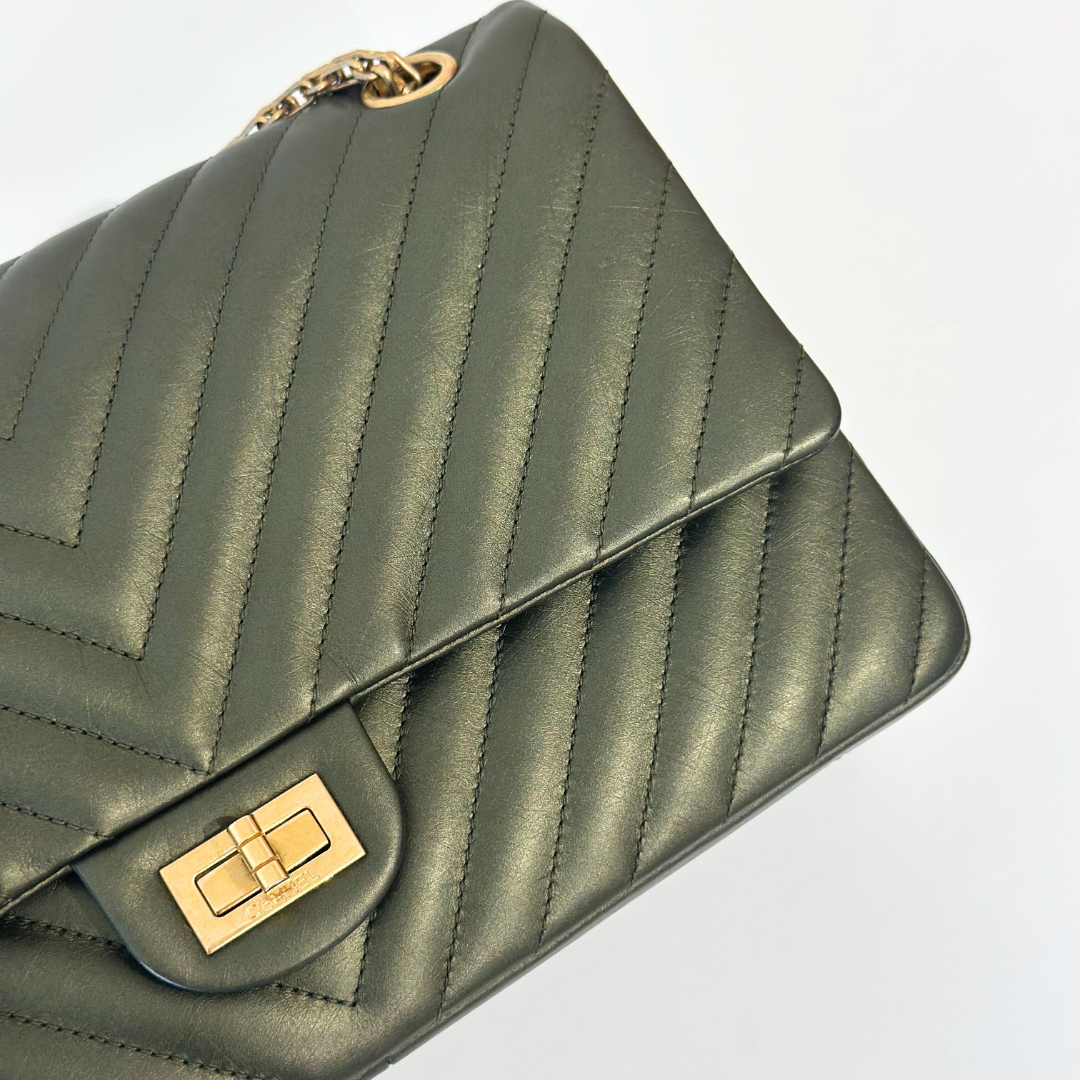 Chanel Metallic Green Chevron Quilted Calfskin Reissue Classic Flap Kelly's Authentic Boutique