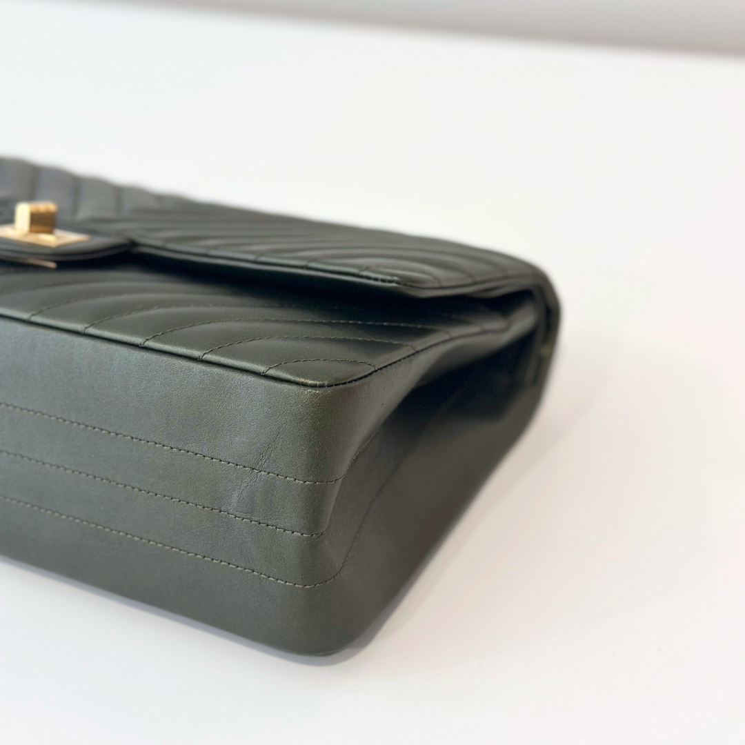 Chanel Metallic Green Chevron Quilted Calfskin Reissue Classic Flap Kelly's Authentic Boutique