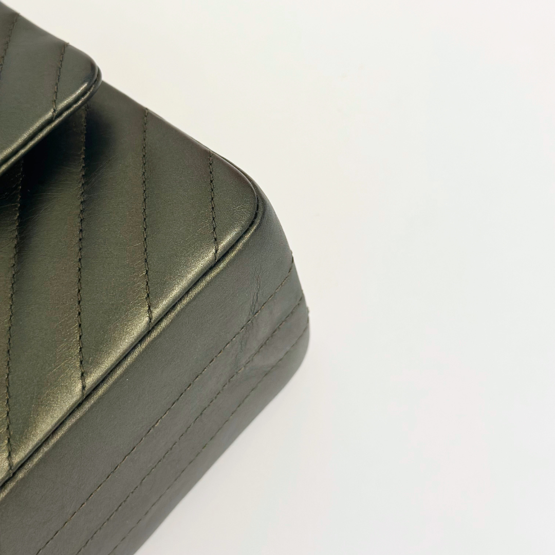 Chanel Metallic Green Chevron Quilted Calfskin Reissue Classic Flap Kelly's Authentic Boutique