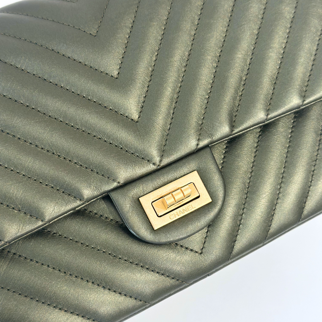 Chanel Metallic Green Chevron Quilted Calfskin Reissue Classic Flap Kelly's Authentic Boutique