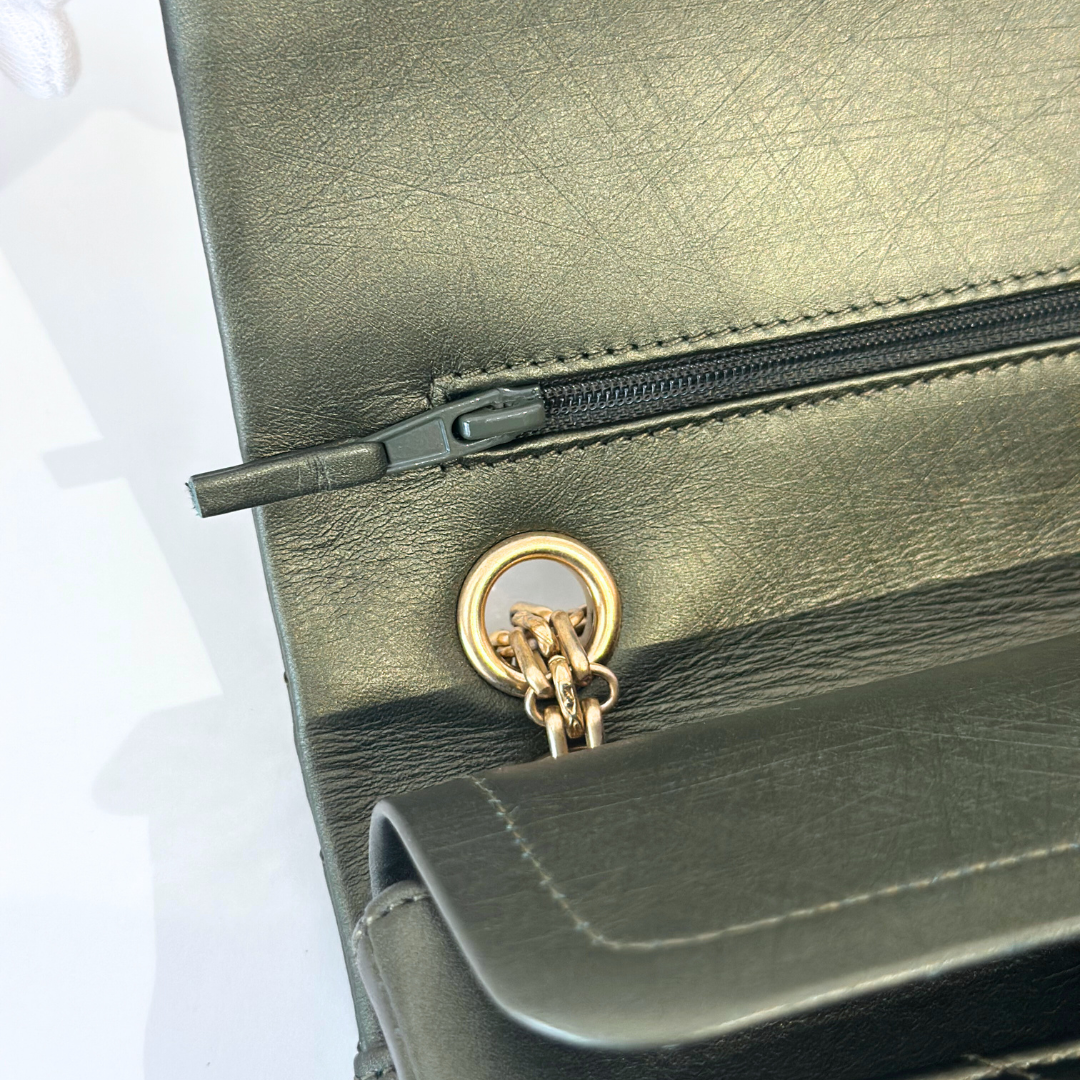 Chanel Metallic Green Chevron Quilted Calfskin Reissue Classic Flap Kelly's Authentic Boutique