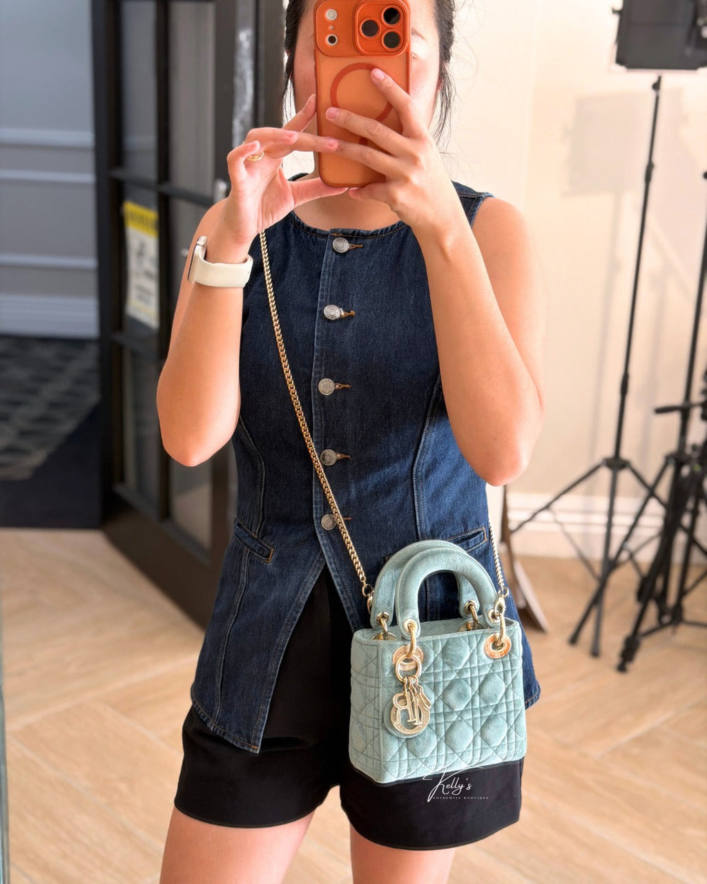 Dior Limited Mini Velvet Mint Green Lady Dior with Crystal Charms Kelly's Authentic Boutique