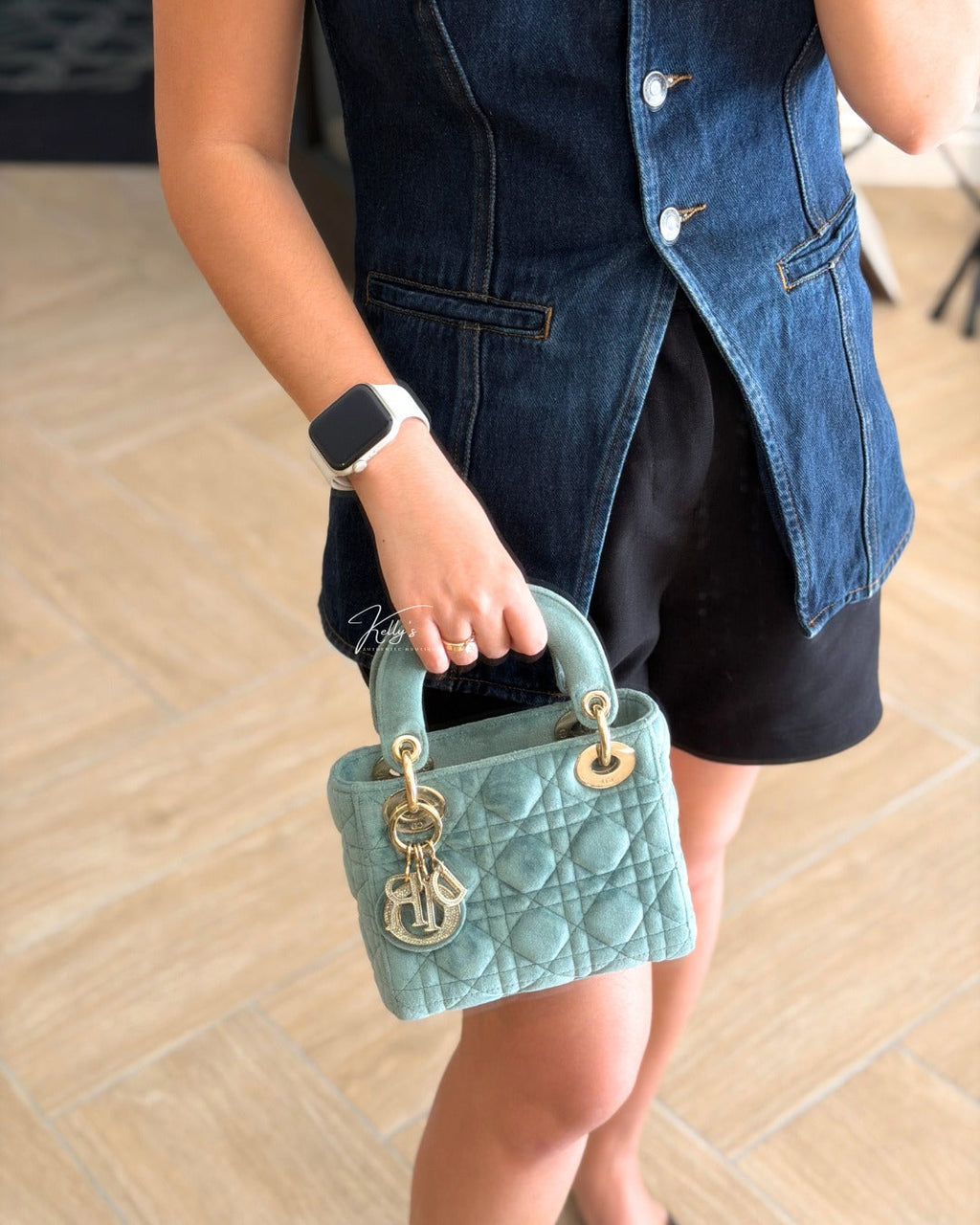 Dior Limited Mini Velvet Mint Green Lady Dior with Crystal Charms Kelly's Authentic Boutique