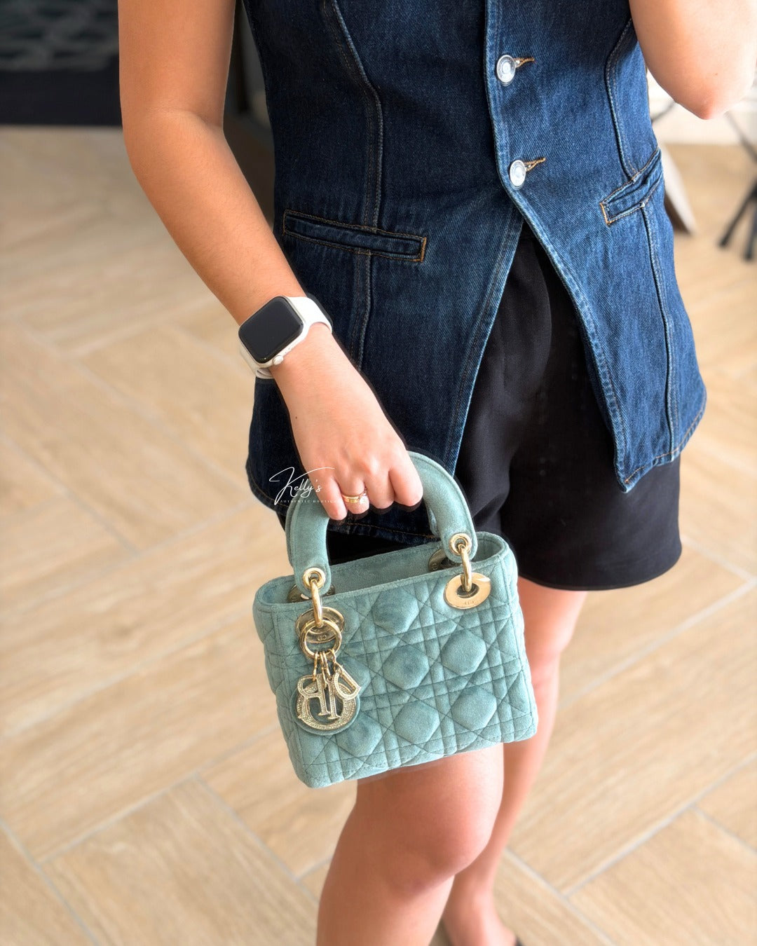 Dior Limited Mini Velvet Mint Green Lady Dior with Crystal Charms Kelly's Authentic Boutique