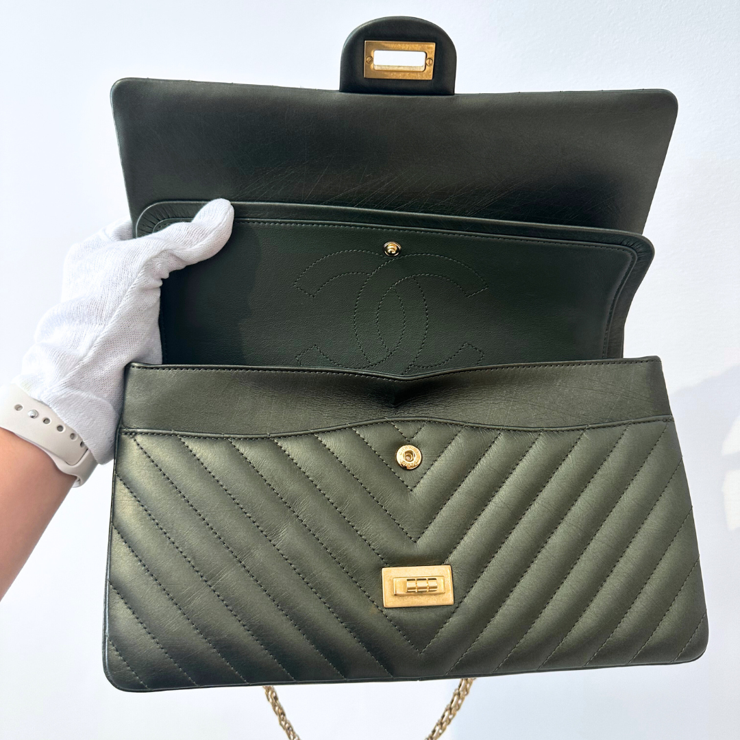 Chanel Metallic Green Chevron Quilted Calfskin Reissue Classic Flap Kelly's Authentic Boutique