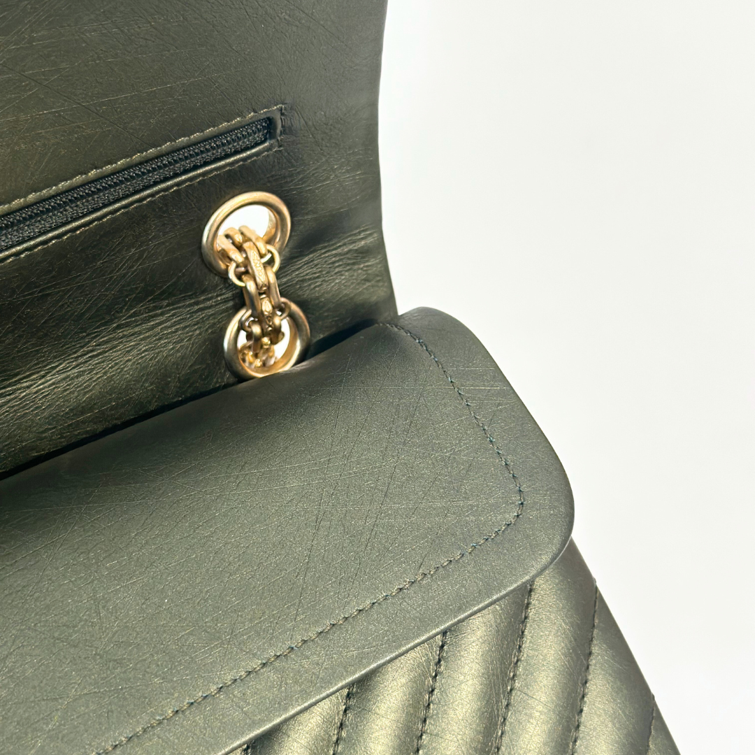 Chanel Metallic Green Chevron Quilted Calfskin Reissue Classic Flap Kelly's Authentic Boutique