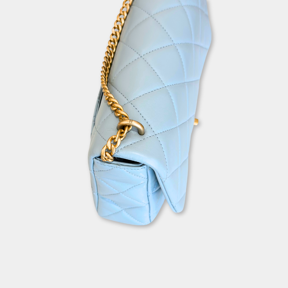 Microchipped 22P Baby Blue Medium Lambskin Enamel and Gold Tone Shoulder Bag Kelly's Authentic Boutique