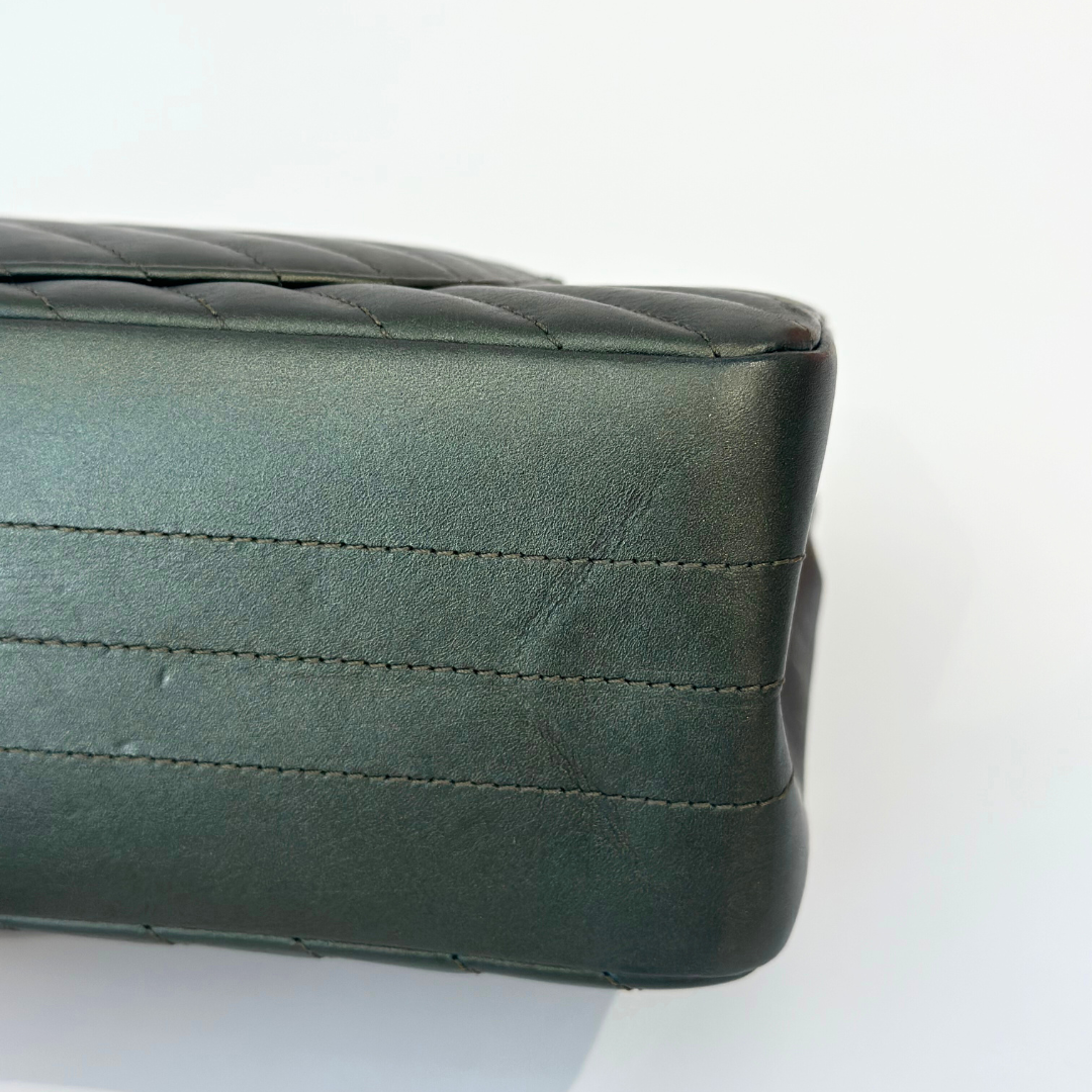 Chanel Metallic Green Chevron Quilted Calfskin Reissue Classic Flap Kelly's Authentic Boutique