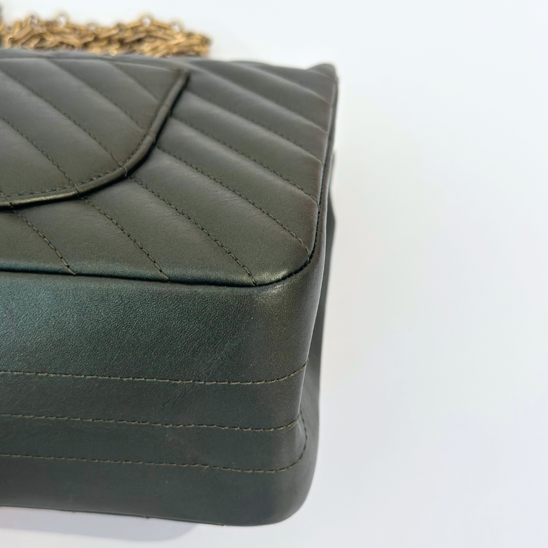 Chanel Metallic Green Chevron Quilted Calfskin Reissue Classic Flap Kelly's Authentic Boutique