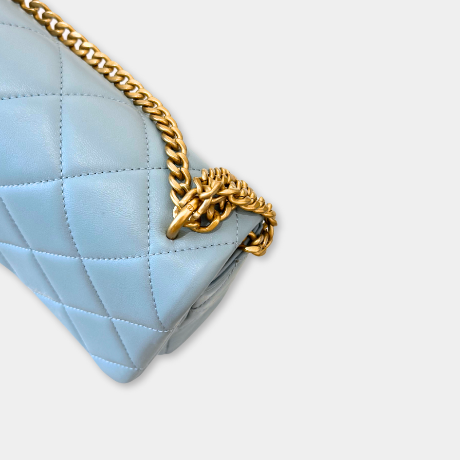 Microchipped 22P Baby Blue Medium Lambskin Enamel and Gold Tone Shoulder Bag Kelly's Authentic Boutique