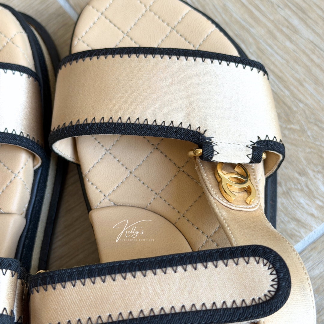 Chanel Beige Satin Platform Dad Sandals Kelly's Authentic Boutique