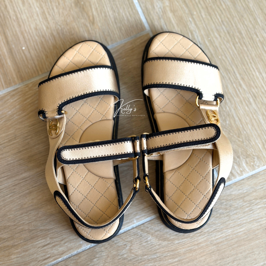 Chanel Beige Satin Platform Dad Sandals Kelly's Authentic Boutique