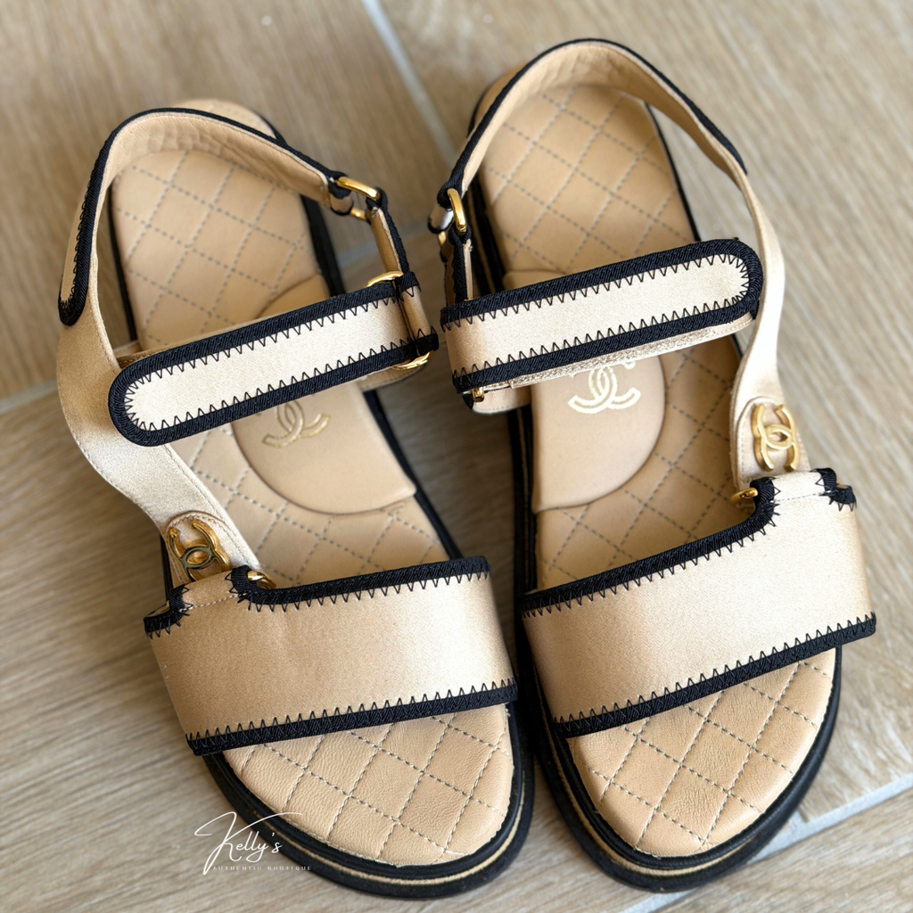 Chanel Beige Satin Platform Dad Sandals Kelly's Authentic Boutique