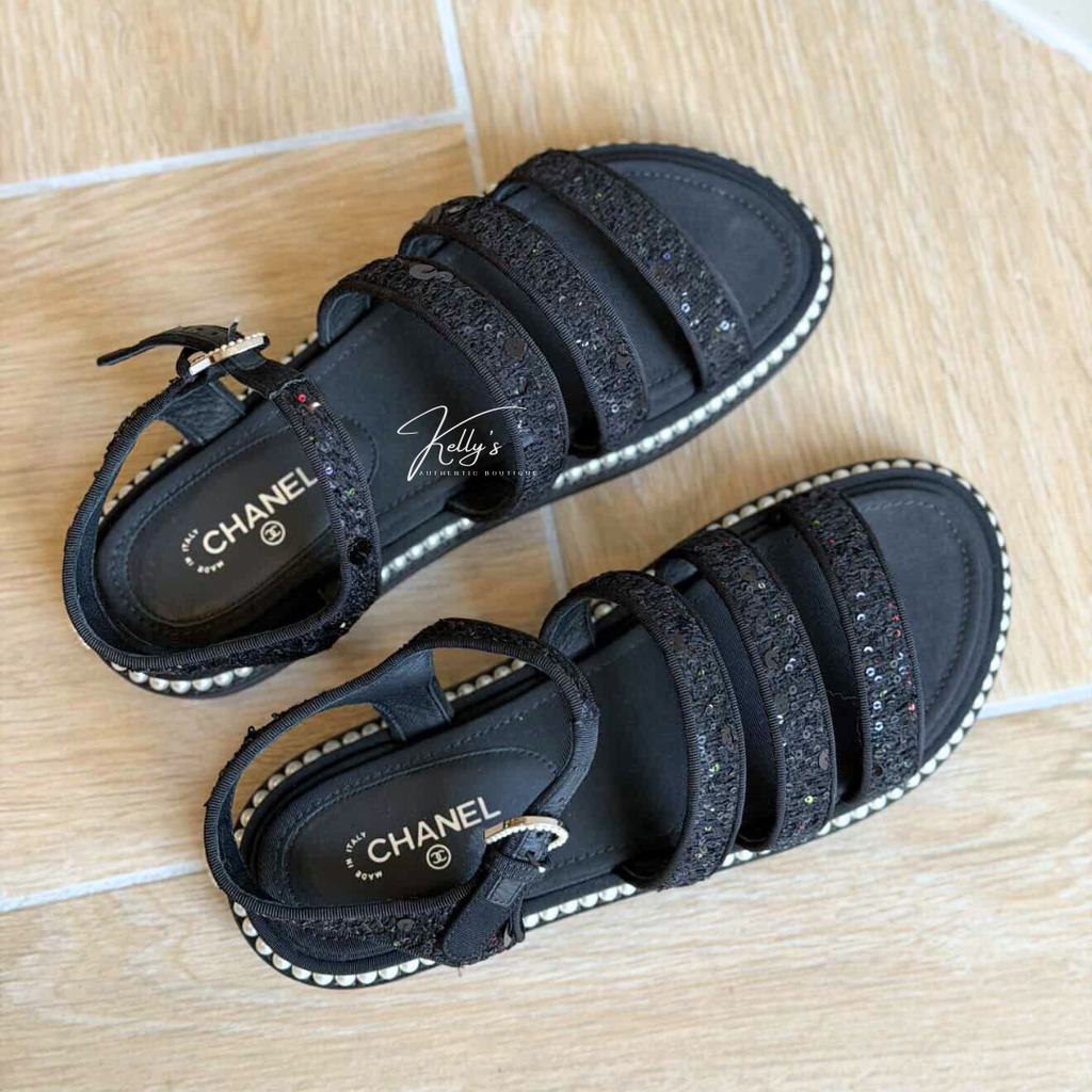 Chanel Black Tweed Sequin & Pearl Embellished Sandals Kelly's Authentic Boutique