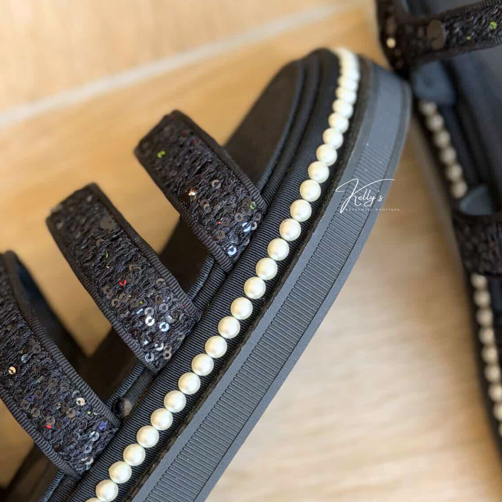 Chanel Black Tweed Sequin & Pearl Embellished Sandals Kelly's Authentic Boutique