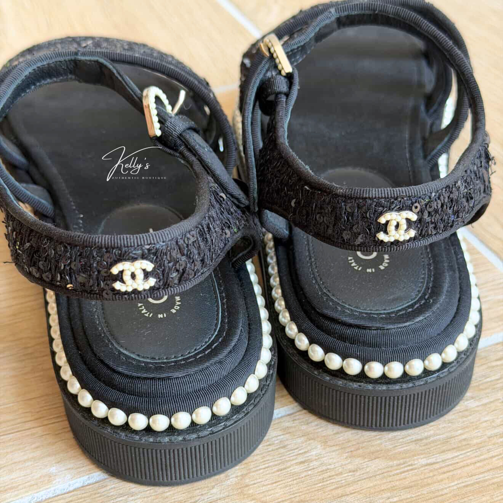 Chanel Black Tweed Sequin & Pearl Embellished Sandals Kelly's Authentic Boutique