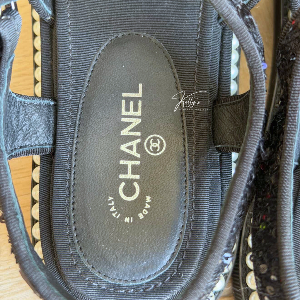 Chanel Black Tweed Sequin & Pearl Embellished Sandals Kelly's Authentic Boutique
