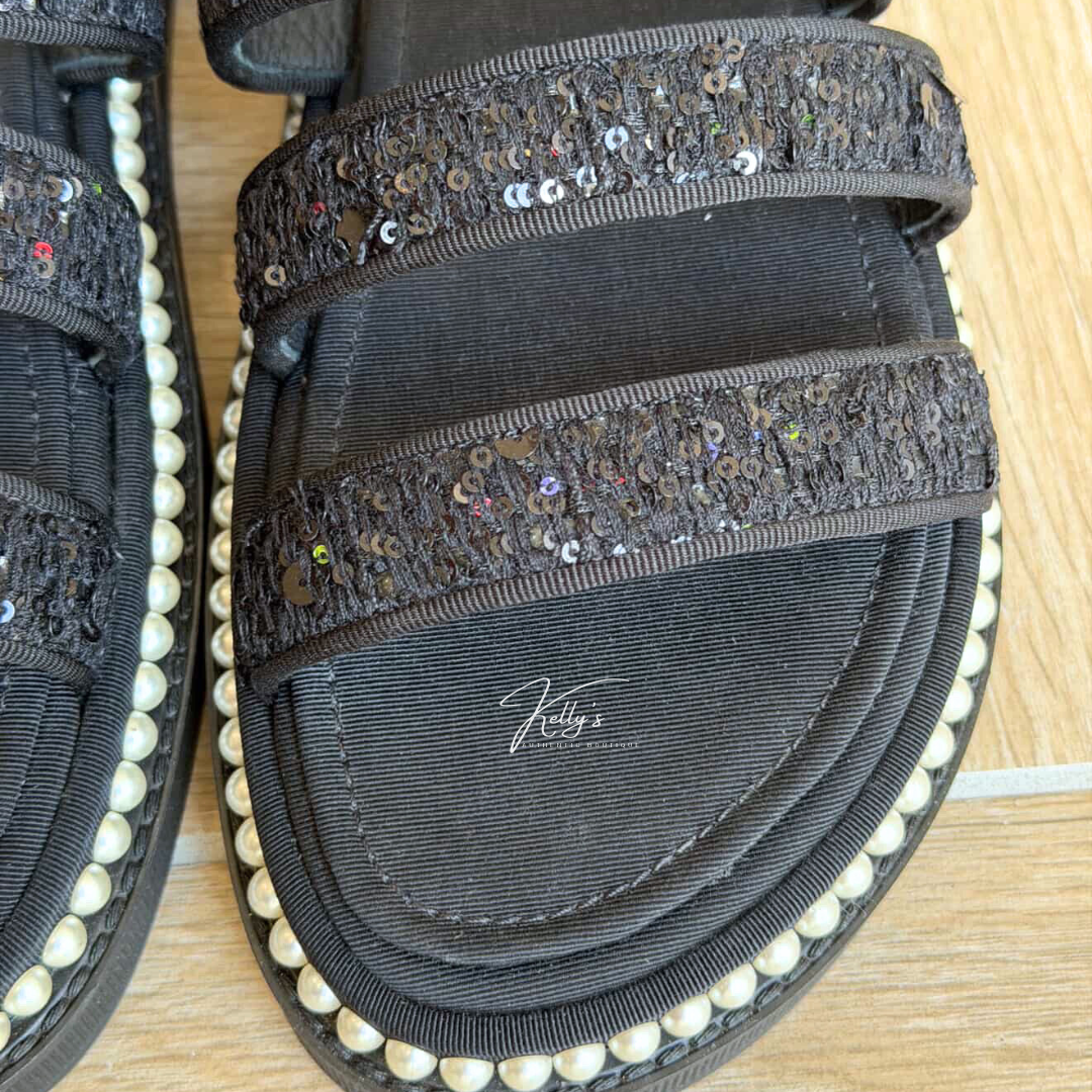 Chanel Black Tweed Sequin & Pearl Embellished Sandals Kelly's Authentic Boutique