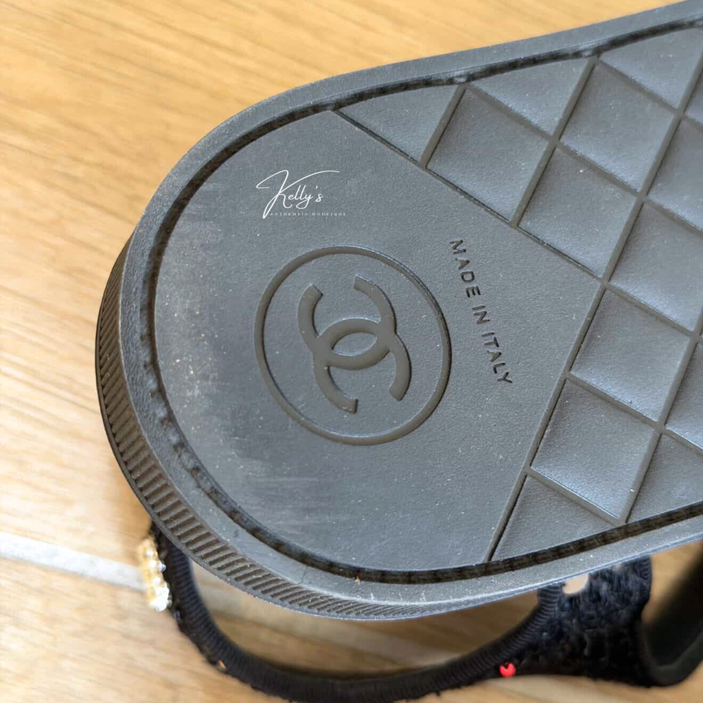 Chanel Black Tweed Sequin & Pearl Embellished Sandals Kelly's Authentic Boutique