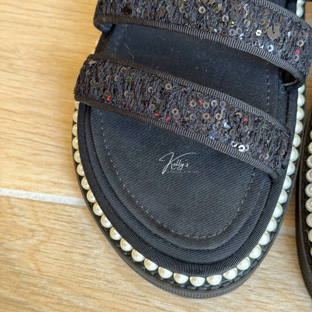 Chanel Black Tweed Sequin & Pearl Embellished Sandals Kelly's Authentic Boutique