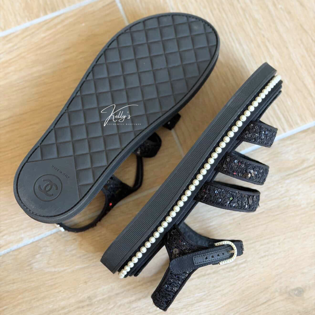 Chanel Black Tweed Sequin & Pearl Embellished Sandals Kelly's Authentic Boutique