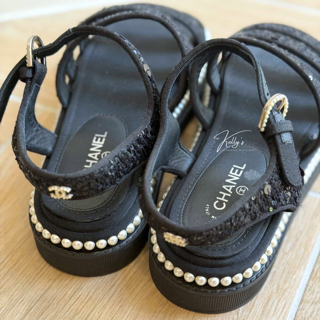 Chanel Black Tweed Sequin & Pearl Embellished Sandals Kelly's Authentic Boutique