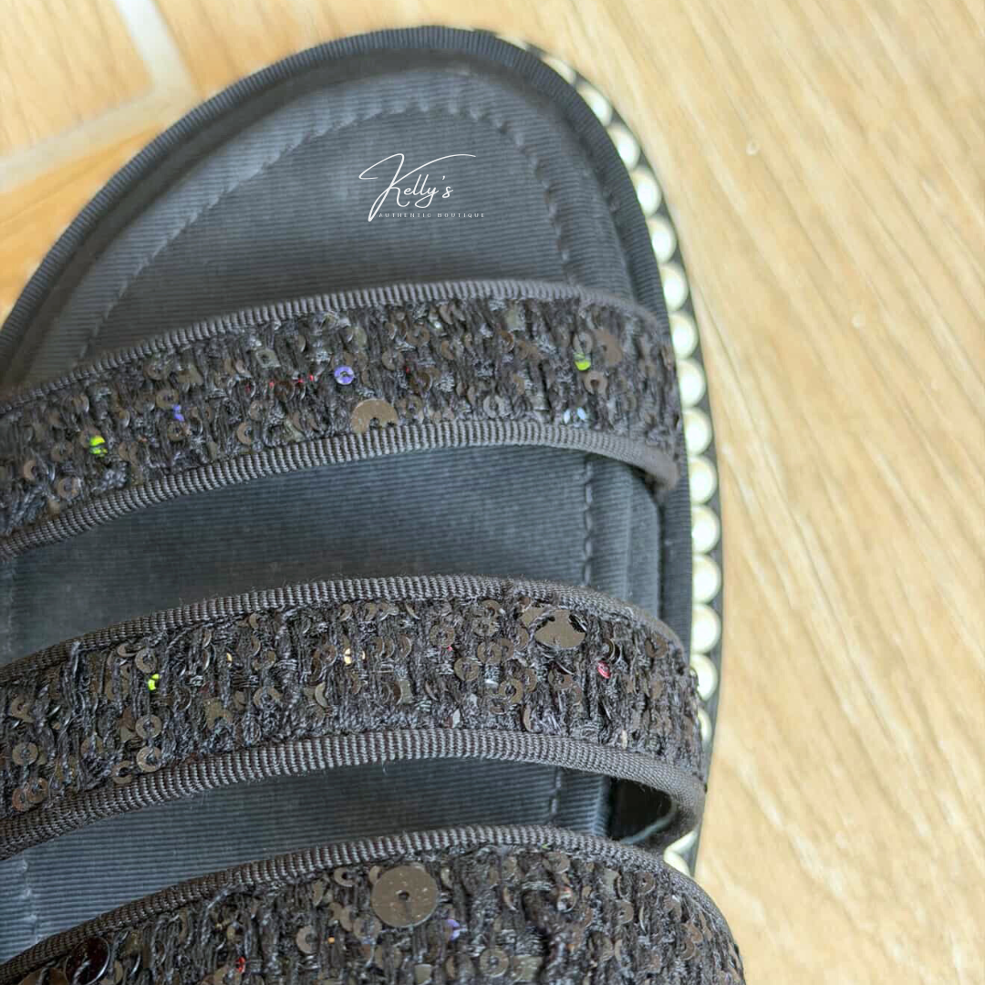 Chanel Black Tweed Sequin & Pearl Embellished Sandals Kelly's Authentic Boutique