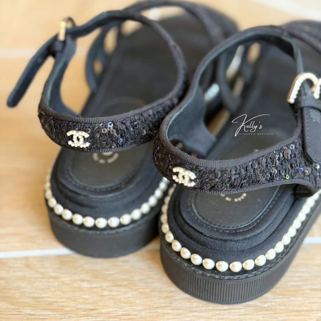 Chanel Black Tweed Sequin & Pearl Embellished Sandals Kelly's Authentic Boutique