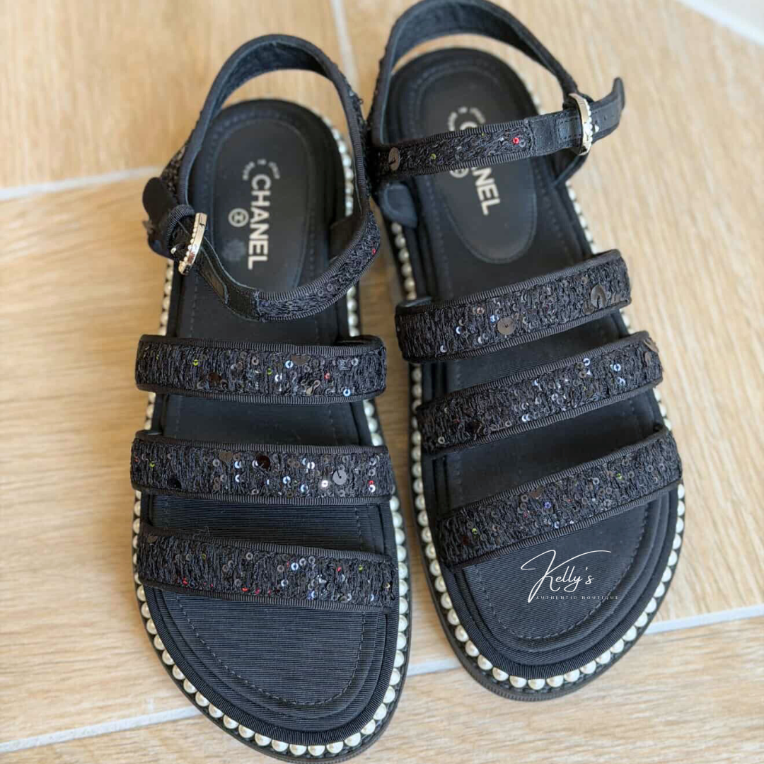 Chanel Black Tweed Sequin & Pearl Embellished Sandals Kelly's Authentic Boutique