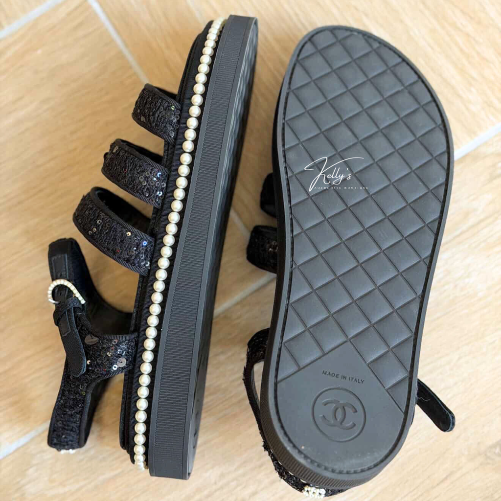 Chanel Black Tweed Sequin & Pearl Embellished Sandals Kelly's Authentic Boutique
