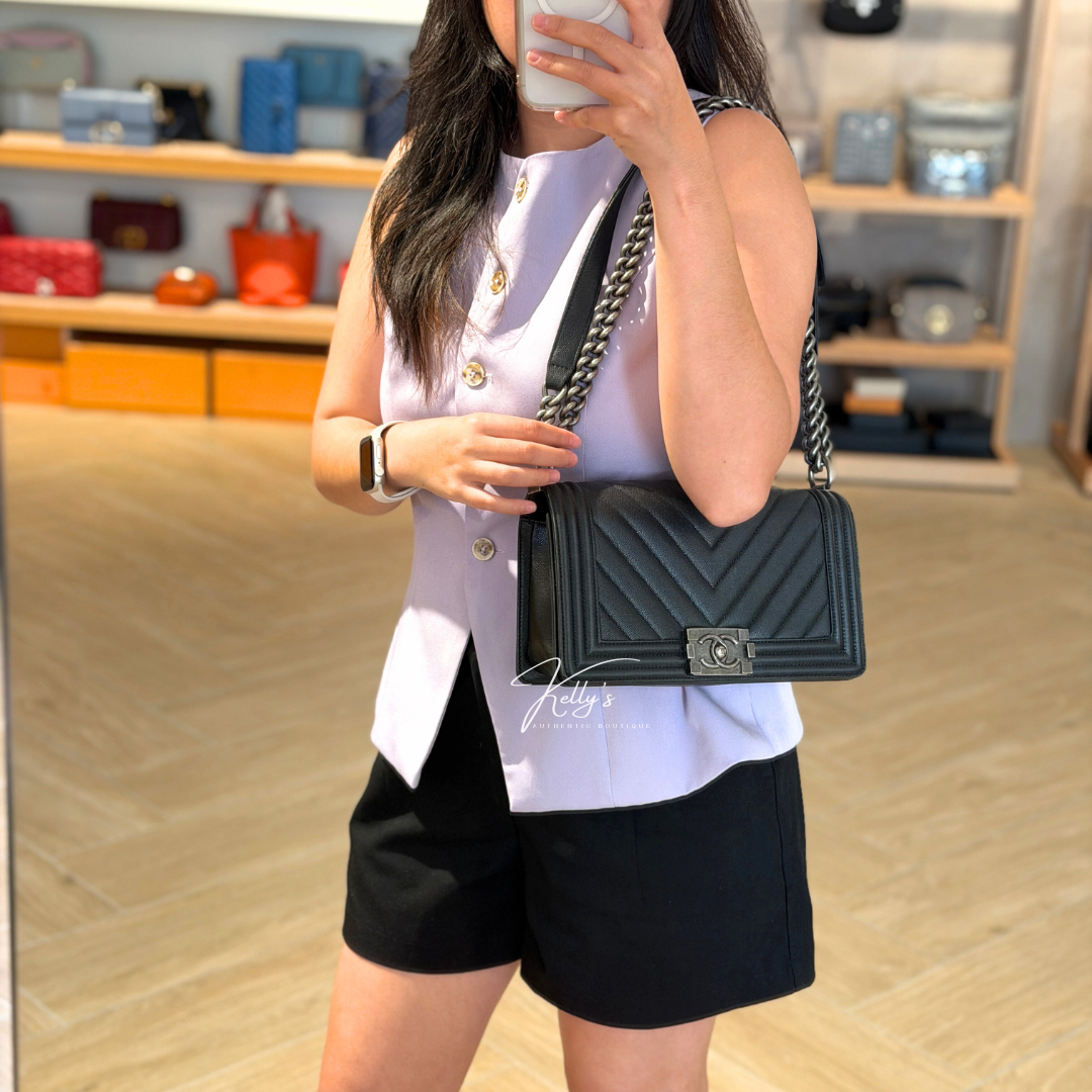 Chanel Old Medium Caviar Chevron Boy Bag Kelly's Authentic Boutique
