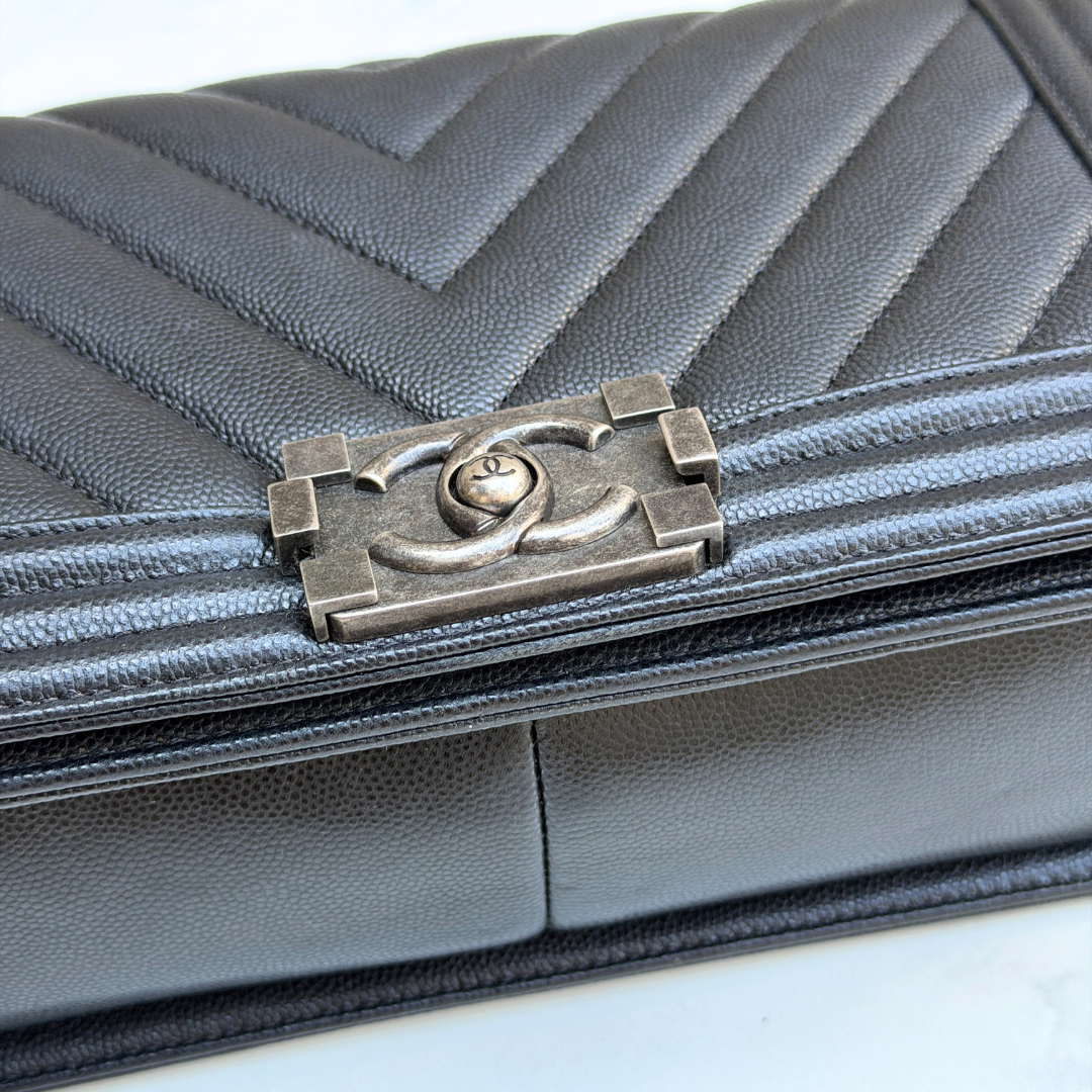 Chanel Old Medium Caviar Chevron Boy Bag Kelly's Authentic Boutique
