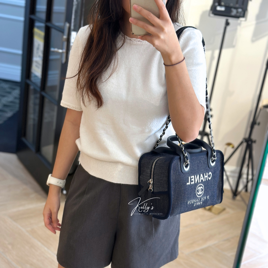 Chanel Small Denim Blue Deauville Bowling Bag Kelly's Authentic Boutique