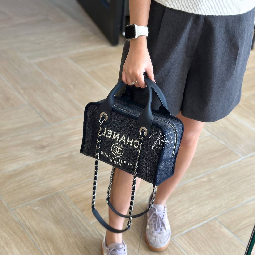 Chanel Small Denim Blue Deauville Bowling Bag Kelly's Authentic Boutique