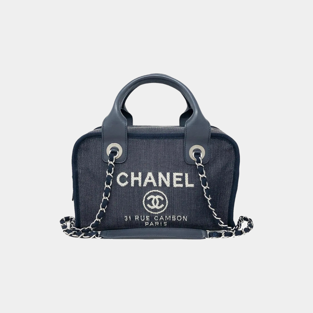 Chanel Small Denim Blue Deauville Bowling Bag Kelly's Authentic Boutique