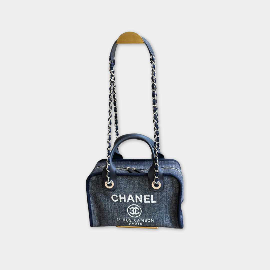 Chanel Small Denim Blue Deauville Bowling Bag Kelly's Authentic Boutique