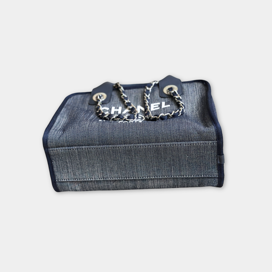 Chanel Small Denim Blue Deauville Bowling Bag Kelly's Authentic Boutique