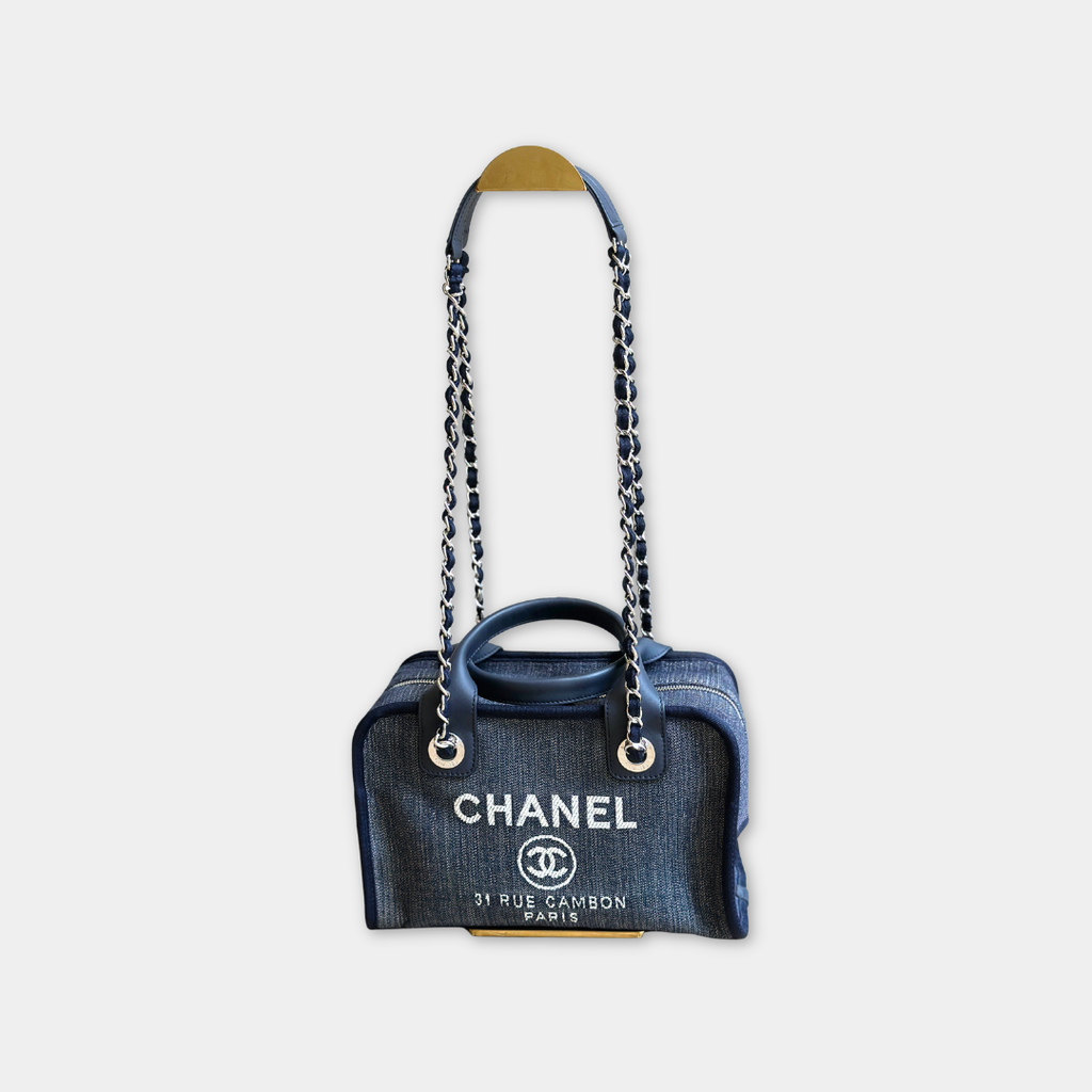 Chanel Small Denim Blue Deauville Bowling Bag Kelly's Authentic Boutique
