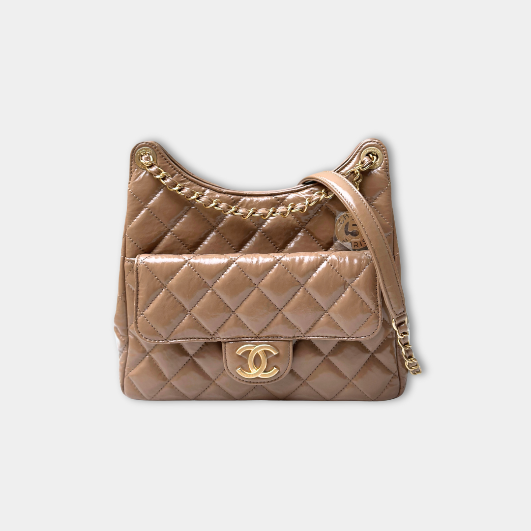 Chanel Microchipped 23B Beige Small Shiny Hobo Patent Calfskin Shoulder Bag Kelly's Authentic Boutique