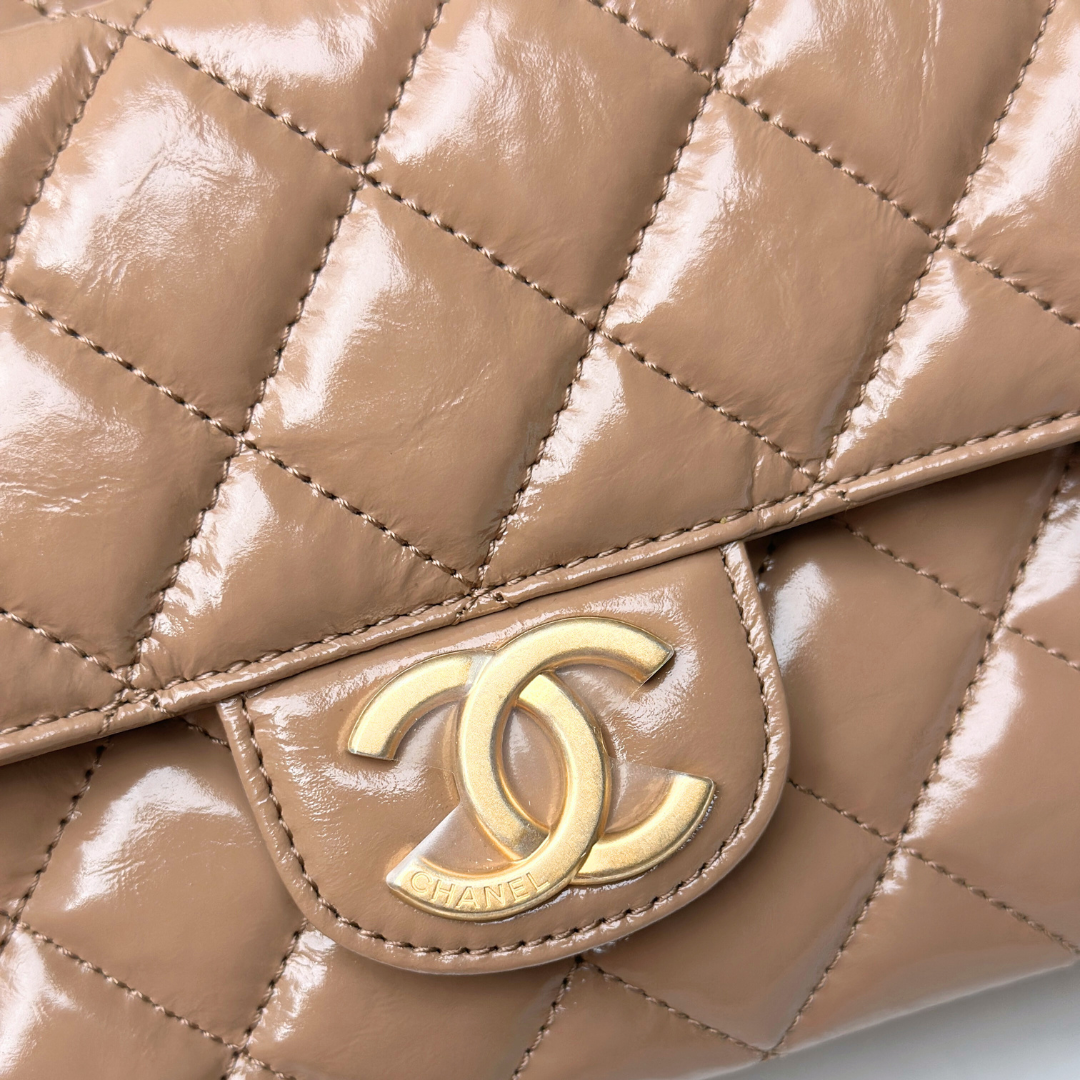 Chanel Microchipped 23B Beige Small Shiny Hobo Patent Calfskin Shoulder Bag Kelly's Authentic Boutique