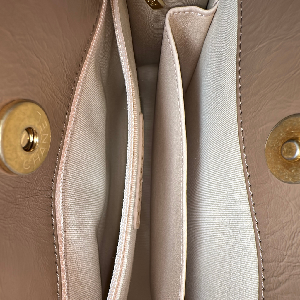 Chanel Microchipped 23B Beige Small Shiny Hobo Patent Calfskin Shoulder Bag Kelly's Authentic Boutique