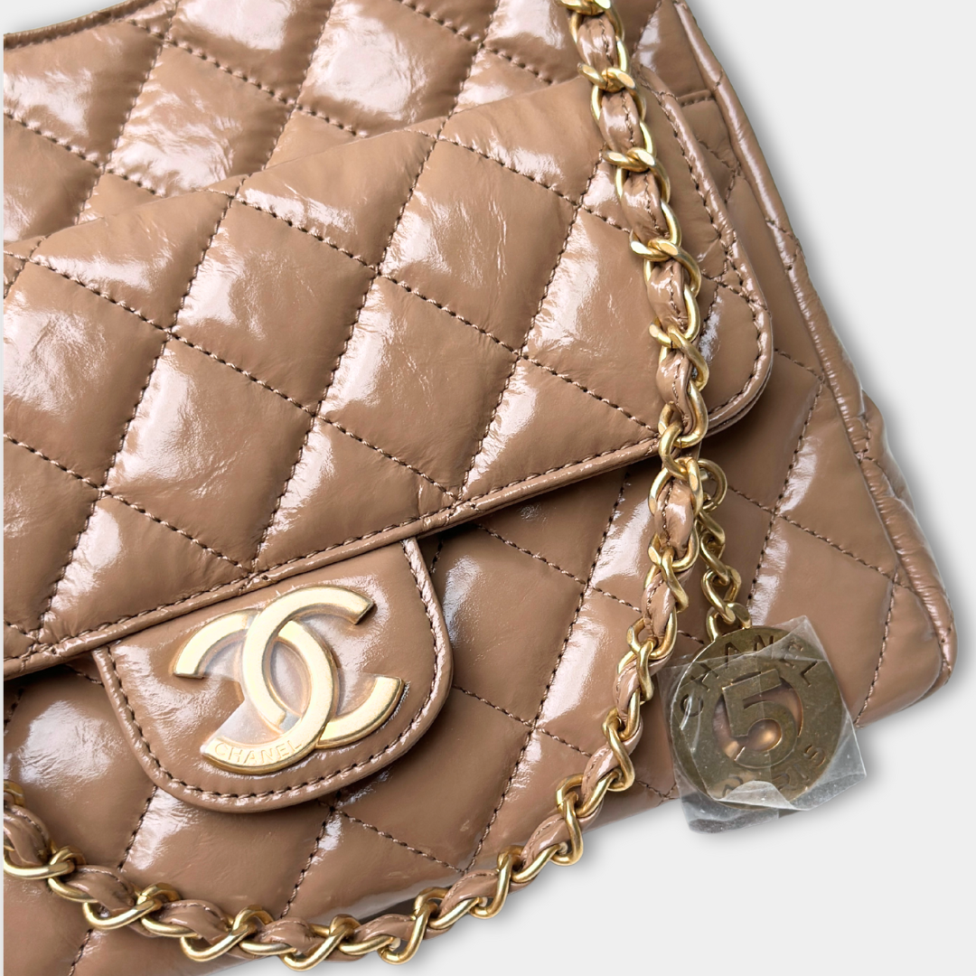 Chanel Microchipped 23B Beige Small Shiny Hobo Patent Calfskin Shoulder Bag Kelly's Authentic Boutique