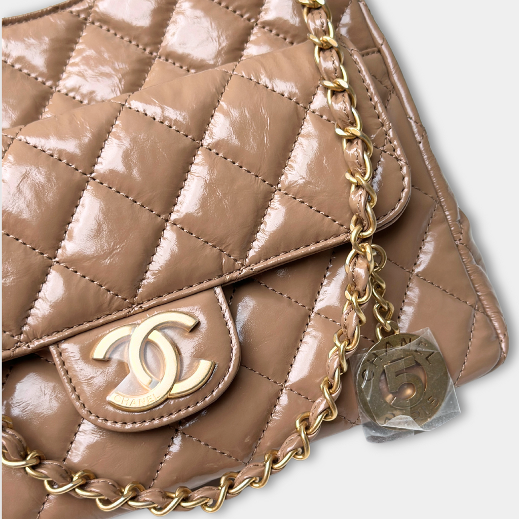 Chanel Microchipped 23B Beige Small Shiny Hobo Patent Calfskin Shoulder Bag Kelly's Authentic Boutique