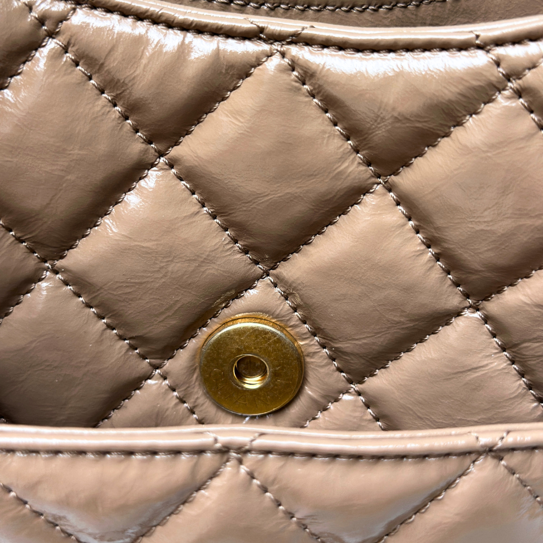 Chanel Microchipped 23B Beige Small Shiny Hobo Patent Calfskin Shoulder Bag Kelly's Authentic Boutique