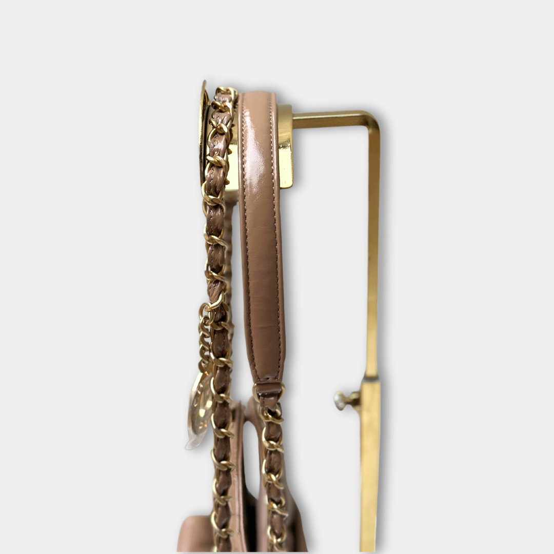 Chanel Microchipped 23B Beige Small Shiny Hobo Patent Calfskin Shoulder Bag Kelly's Authentic Boutique