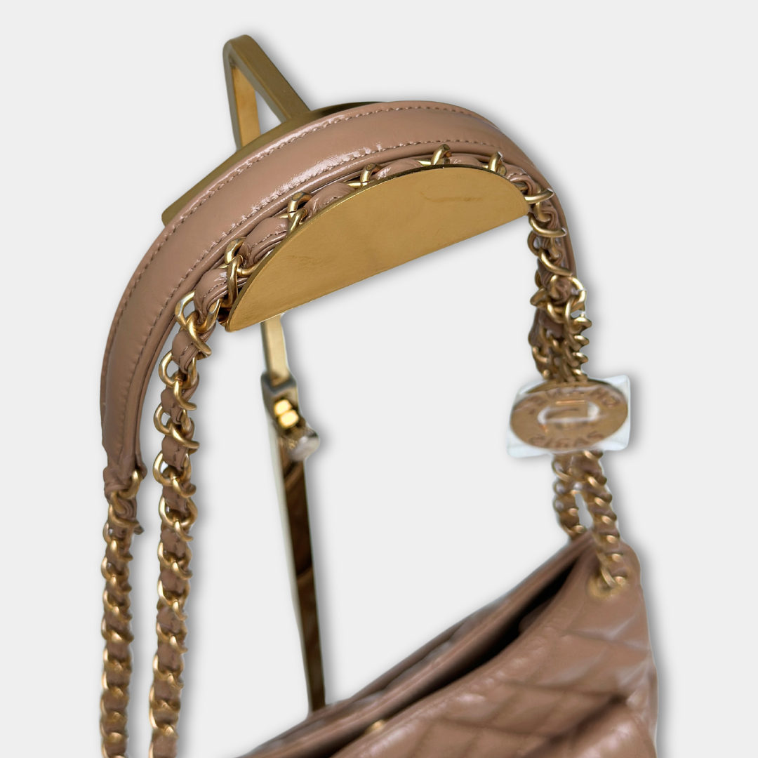 Chanel Microchipped 23B Beige Small Shiny Hobo Patent Calfskin Shoulder Bag Kelly's Authentic Boutique